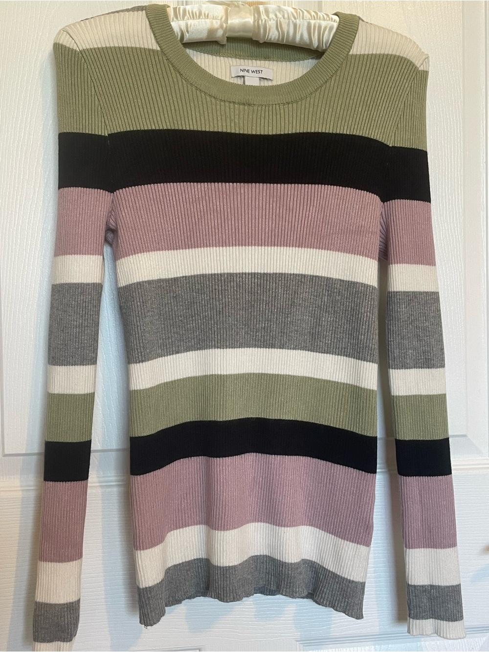 Nine West Ribbed Stripe Sweater Medium Mauve Sage Green Lightweight Knit